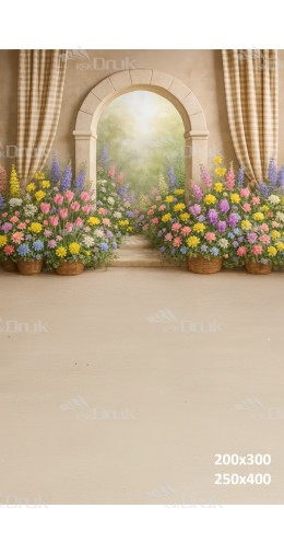 Tło fotograficzne z kwiatową bramą i pastelową scenerią wiosenną | E599